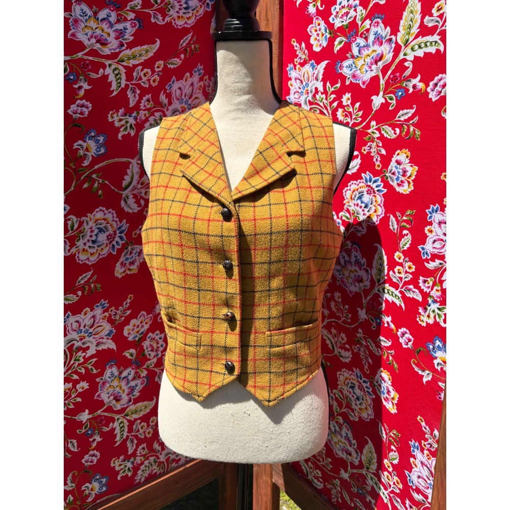 Vintage Gap Mustard Yellow Plaid Wool Blend Retro Equestrian Vest Women's Size M